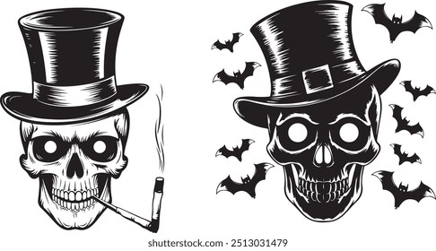 Gangster skull smoking cigar or cigarette smoke with crossed knives in vintage monochrome style isolated vector illustration