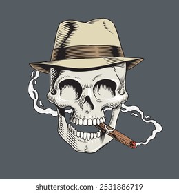 Gangster skull with smoking cigar in a fedora hat. Human skeleton head, smiling dead mafioso boss face retro style vector illustration