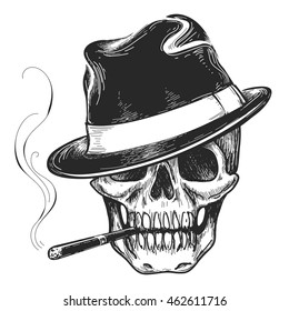 Gangster skull tattoo. Death head with cigar and hat vector illustration svg