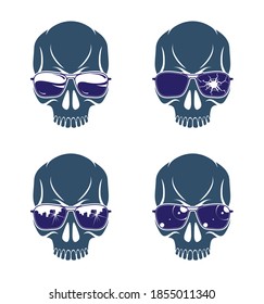 Gangster skull vector logos set, icons or tattoos, urban stylish aggressive criminal scull.