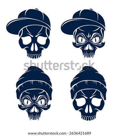 Gangster skull vector logos set, icons or tattoos, urban stylish aggressive criminal scull.