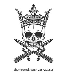 Gangster smoking cigar or cigarette smoke king skull in crown with crossed knife in vintage monochrome style isolated vector illustration. Skeleton of a bandit prince with crossed dagger.