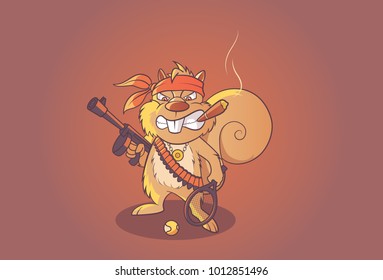 Gangster Squirrel with gun and racket in hands and smoking a cigarette. Vector Illustration.