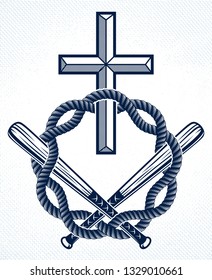 Gangster thug emblem or logo with Christian Cross, vector tattoo, anarchy and chaos, dead rebel partisan and revolutionary.