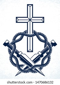 Gangster thug emblem or logo with Christian Cross, vector tattoo, anarchy and chaos, dead rebel partisan and revolutionary.