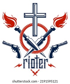 Gangster Thug Emblem Or Logo With Christian Cross, Weapons And Different Design Elements , Vector Tattoo, Anarchy And Chaos, Dead Rebel Partisan And Revolutionary.