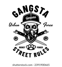 Gangster-Vektorsymbol im Monochrom-Stil mit Schädel in Kappe und Bandana auf dem Gesicht und gekreuzten Kampfmesser. Illustration einzeln auf weißem Hintergrund. Handgezeichnet. Nicht AI generiert