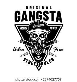 Gangster-Vektorsymbol im Monochrom-Stil mit Schädel in Kappe und Bandana auf dem Gesicht und gekreuzten Kampfmesser. Illustration einzeln auf weißem Hintergrund. Handgezeichnet. Nicht AI generiert