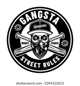 Gangster-Vektor-Emblem im monochromen Stil mit Schädel in Kappe und Bandana im Gesicht und gekreuzten Baseballmänteln. Illustration einzeln auf weißem Hintergrund. Handgezeichnet. Nicht AI generiert