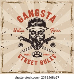 Gangster-Vektorsymbol im Vintage-Stil mit Schädel in Kappe und Bandana auf dem Gesicht und gekreuzten Kampfmesser. Illustration auf Hintergrund mit herausnehmbaren Grunge-Texturen. Handgezeichnet. Nicht AI generiert