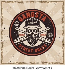 Gangster Vektor-Emblem im Vintage-Stil mit Schädel in Kappe und Bandana auf dem Gesicht und gekreuzten Baseballschläger. Illustration auf Hintergrund mit herausnehmbaren Grunge-Texturen. Handgezeichnet. Nicht AI generiert