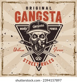 Gangster-Vektorsymbol im Vintage-Stil mit Schädel in Kappe und Bandana auf dem Gesicht und gekreuzten Kampfmesser. Illustration auf Hintergrund mit herausnehmbaren Grunge-Texturen. Handgezeichnet. Nicht AI generiert