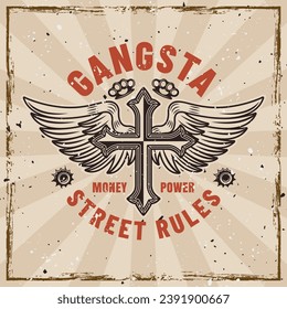 Gangster Vintage-Emblem mit Kreuz-und Engel-Flügel Tattoo-Stil. Illustration auf Hintergrund mit herausnehmbaren Grunge-Texturen. Handgezeichnet. Nicht AI generiert