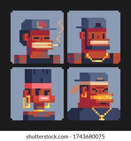 Gangsters characters pixel art set, smoking gangsta rap stars. Avatar, portrait and profile picture. Design of 80s. Game assets. 8-bit. Isolated vector illustration.