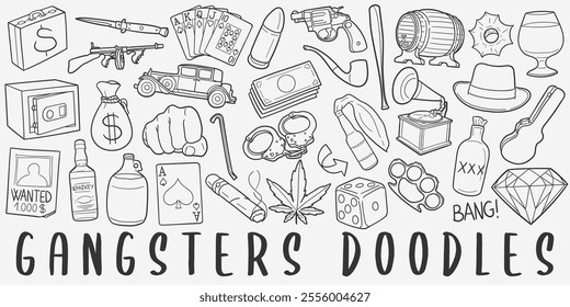 Gangsters Doodle Icons Black and White Line Art. Mafia Clipart Hand Drawn Symbol Design.