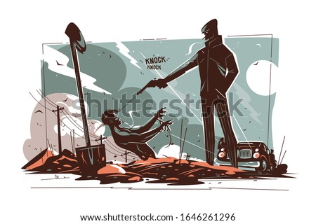 Gangsters killing man vector illustration. Killer shooting victim. Killed guy with tied hands falling to floor. Criminal making control headshot flat style design. Crime and revenge concept