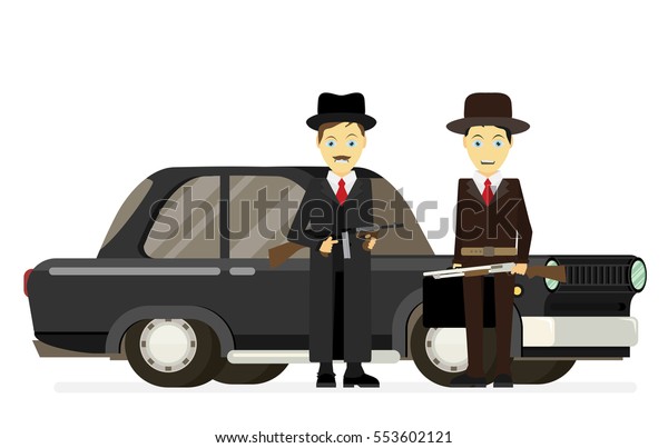 Gangsters with old\
car. Vector flat\
illustration