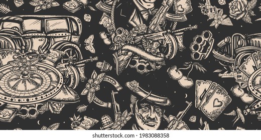 Gangsters pattern. Boss plays saxophone, bandits weapons, retro car, casino, robbers. Traditional tattooing style. Criminal, old noir movie. Retro crime seamless background 