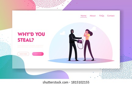 Gangsters Violence Organized to Steal Money from People Landing Page Template. Masked Robber Character Threaten to Woman with Knife Steal Bag with Money, Criminal Robbery. Cartoon Vector Illustration