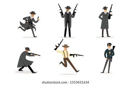 Gangsters with weapons in their hands. Vector illustration.