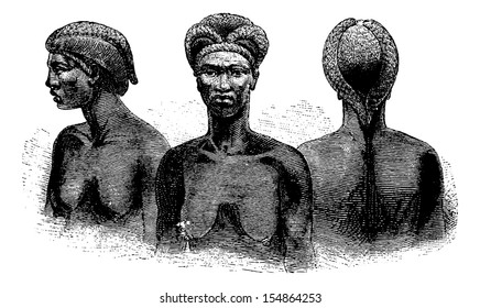 Ganguela Women from the Edges of the Kavango River in Angola in Southern Africa, engraving based on the English edition, vintage illustration. Le Tour du Monde, Travel Journal, 1881