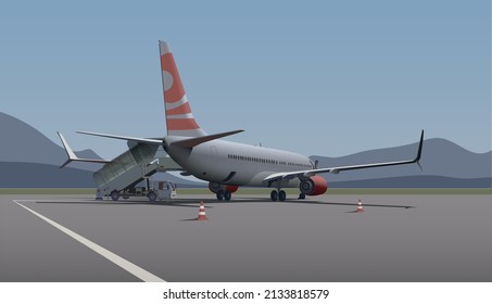 Gangway near the plane, the airport on the background of the mountains. Vector.