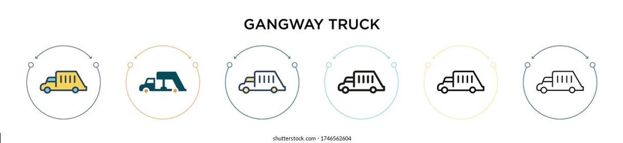 Gangway truck icon in filled, thin line, outline and stroke style. Vector illustration of two colored and black gangway truck vector icons designs can be used for mobile, ui, web