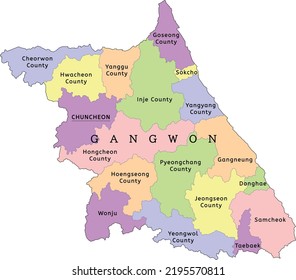 Gangwon Province administrative map with counties. Clored. Vectored. Yellow, green, blue, pink, violet, orange