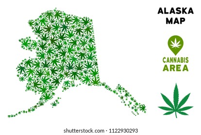 Ganja Alaska map composition of marijuana leaves. Narcotic dependence template. Vector Alaska map is composed of green cannabis leaves. Abstract territory scheme in green color hues.