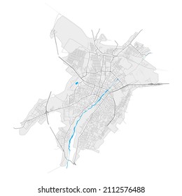 Ganja, Azerbaijan high resolution vector map with city boundaries and editable paths. White outlines for main roads. Many detailed paths. Blue shapes and lines for water.