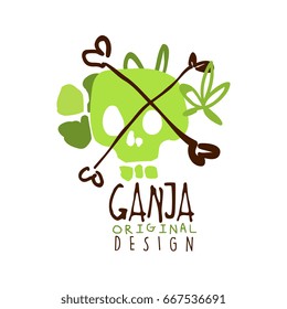 Ganja label original design, logo graphic template hand drawn vector Illustration