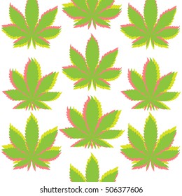 Ganja marijuana seamless pattern. Cannabis green pink yellow leafs seamless wallpaper. Marijuana weed outline background. Vector illustration art.