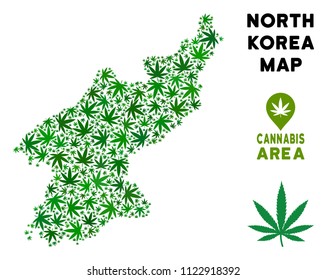 Ganja North Korea map composition of marijuana leaves. Narcotic dependence concept. Vector North Korea map is formed of green ganja leaves. Abstract territory plan in green color shades.