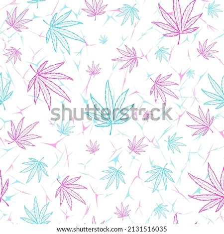 Ganja and rasta seamless pattern with neon pink and blue marijuana leaves. Repeat background with narcotic and psychedelic cannabis and hemp.