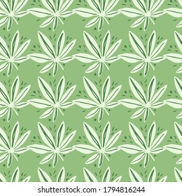 Ganja weißes Ornament nahtloses Muster. Handgezeichneter Druck auf grünem Hintergrund. Entworfen für Tapete, Textilien, Wickelpapier, Stoffdruck. Vektorgrafik.