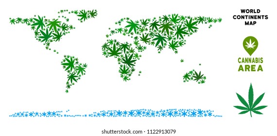 Ganja world continent map collage of marijuana leaves. Narcotic addiction concept. Vector world continent map is done of green ganja leaves. Abstract area plan in green color shades.
