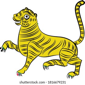 Tiger drew in Ganjfa style. Ganjifa is a traditional game of cards that has over a period of time, evolved into an art form. folk art from Maharashtra, India
textile printing, logo, wallpaper