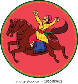 worrier drew in Ganjfa style. Ganjifa is a traditional game of cards that has over a period of time, evolved into an art form. folk art from India
textile printing, logo, wallpaper