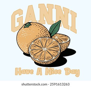 Ganni t shirt.  vintage retro color college text graphics with grunge orange effects, girls graphic , women's print design, kids and men's t-shirt design. Nature fruit club print design. Organic food 