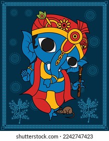 Ganpati in Bal Krishna costume showing in kalighat painting. Dancing ganesha in indian traditional art. Vector, illustration, art, Painting, Kalighat Art.