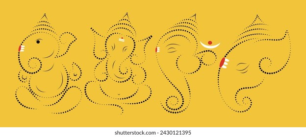 ganpati dotted line art set. Decoration for Indian Hindu Auspicious Occasion, ganesh chaturthi special vector design. 