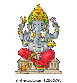 Ganpati with mouse for poster Ganesh Chaturthi. Engraving vintage vector color illustration. Isolated on white background. Hand drawn design element