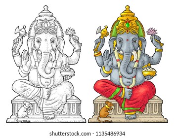 Ganpati with mouse for poster Ganesh Chaturthi. Engraving vintage vector color illustration. Isolated on white background. Hand drawn design element