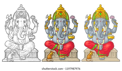 Ganpati with mouse for poster Ganesh Chaturthi. Engraving vintage vector color illustration. Isolated on white background. Hand drawn design element