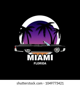 Ganster car with palms beach sun. Miami automotive travel.