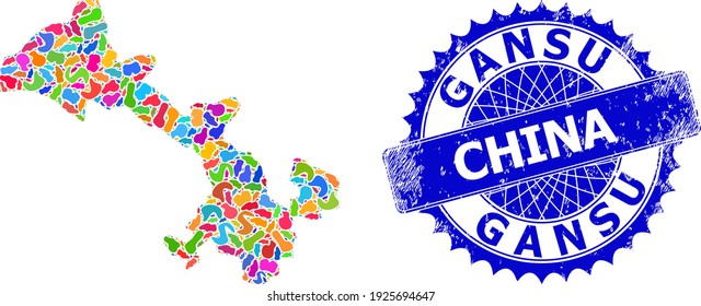 Gansu Province map vector image. Blot collage map and scratched badge for Gansu Province. Sharp rosette blue badge with tag for Gansu Province map.
