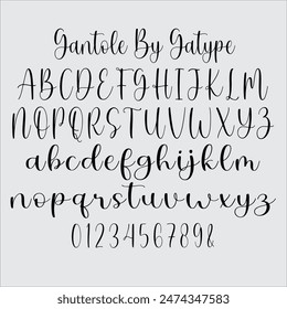 Gantole is a modern calligraphic font, with characters dancing along the baseline and an elegant touch. With nearly 420 glyphs. 