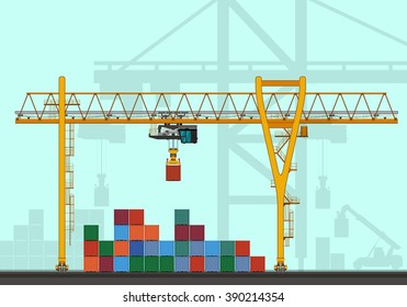 Gantry Crane With Containers. Rail Mounted Crane At Container Terminal Vector Illustration