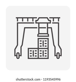 Gantry crane icon also called  overhead crane or bridge crane. Included movable hoist and hook running overhead along a rail or beam. That working with cargo container at port or harbour. Vector icon.