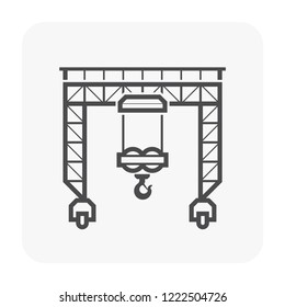 Gantry crane icon also called  overhead crane or bridge crane. Included movable hoist and hook running overhead along a rail or beam. Heavy lifting equipment for cargo container at port or harbour.